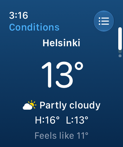 Kelikello Conditions page: Helsinki, 13 degrees, partly cloudy
