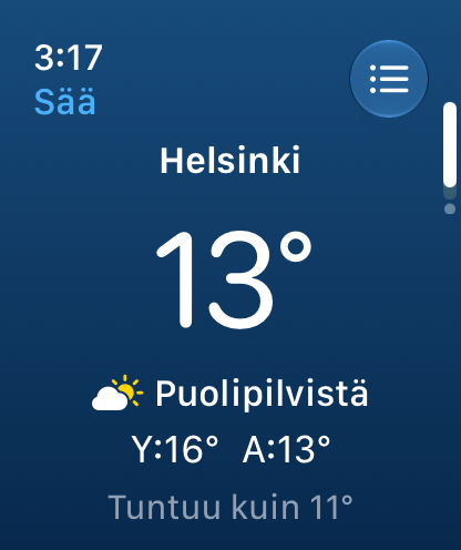 Kelikellon Sää-sivu: Helsinki, 13 astetta, puolipilvistä