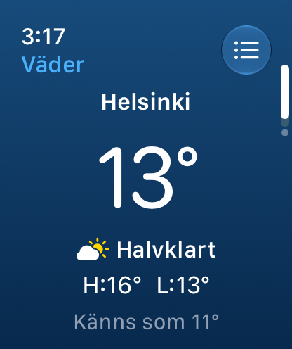 Kelikellos Väder-sida: Helsingfors, 13 grader, halvklart